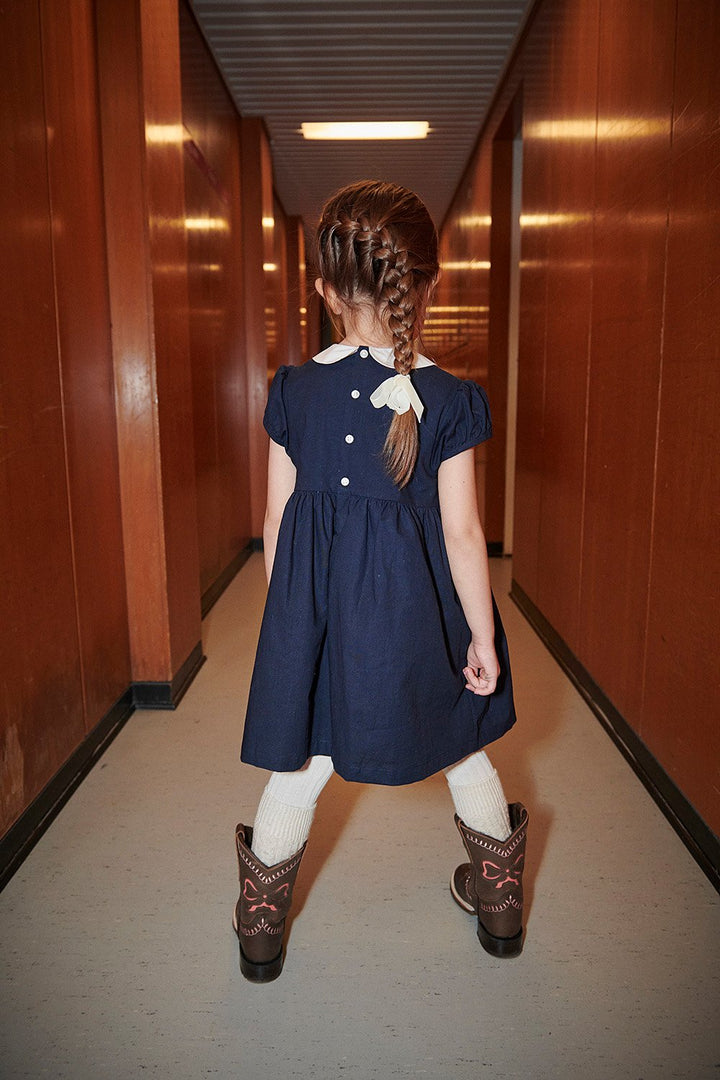 Dress w. Handmade Smock Embroidery - Navy Comb.