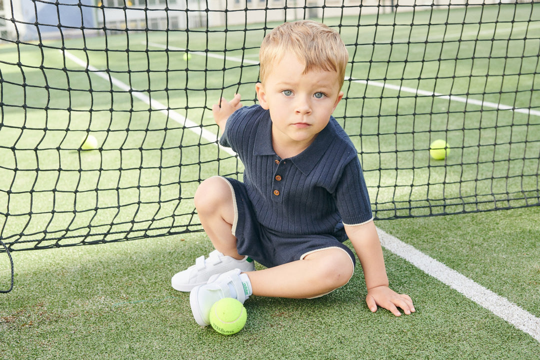 RIB KNITTED POLO - NAVY/CREAM COMB.