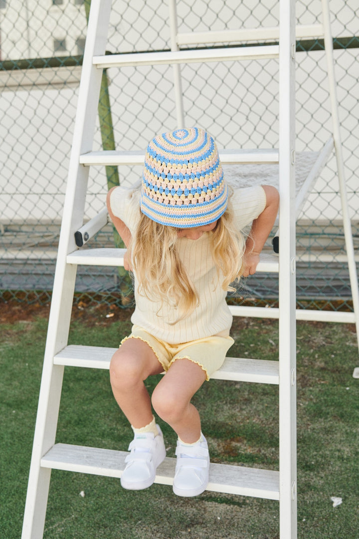 CROCHET HAT - SKY BLUE/PALE YELLOW/DUSTY ROSE COMB.