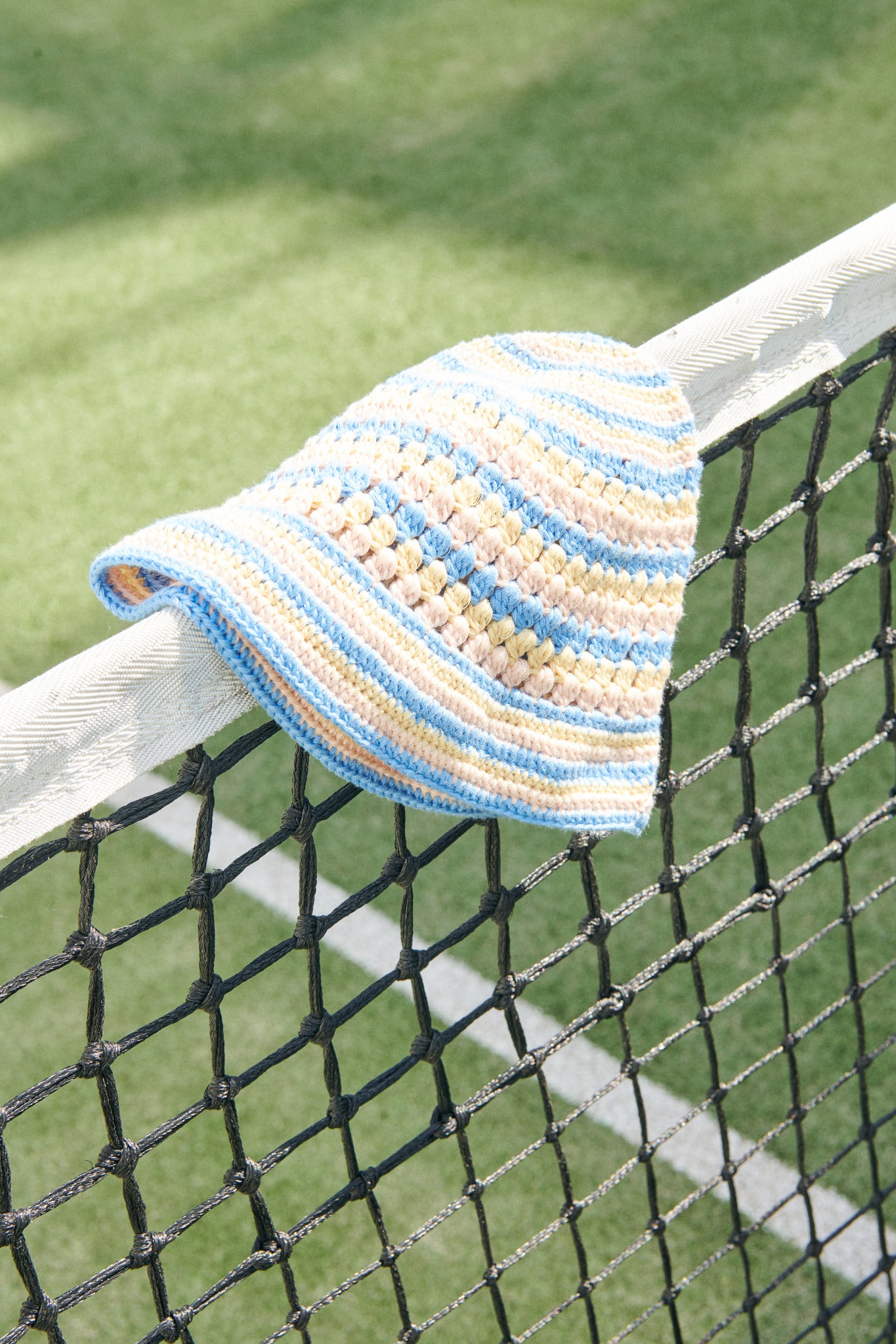 CROCHET HAT - SKY BLUE/PALE YELLOW/DUSTY ROSE COMB.