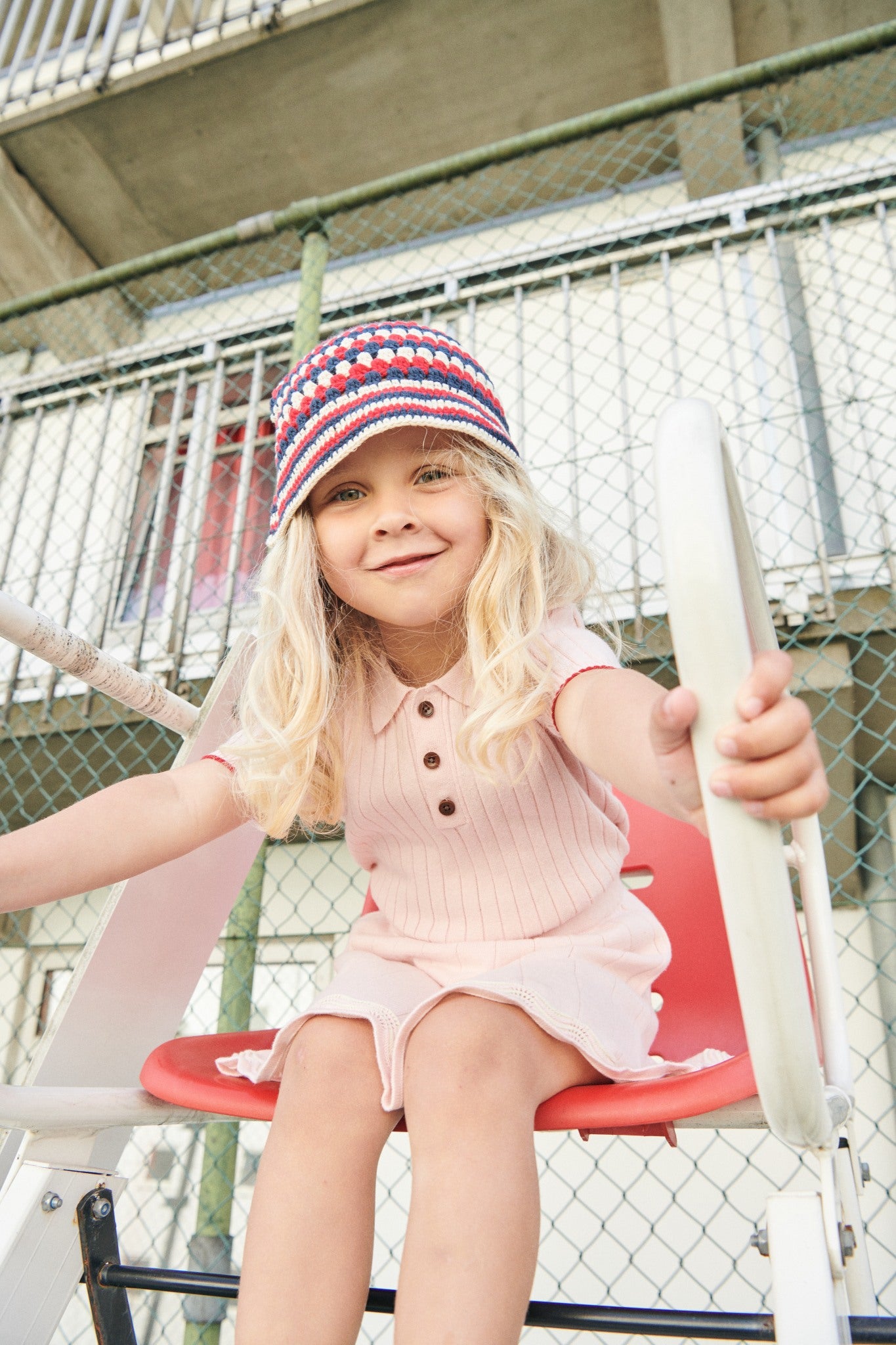 CROCHET HAT - CREAM/NAVY/RED COMB.