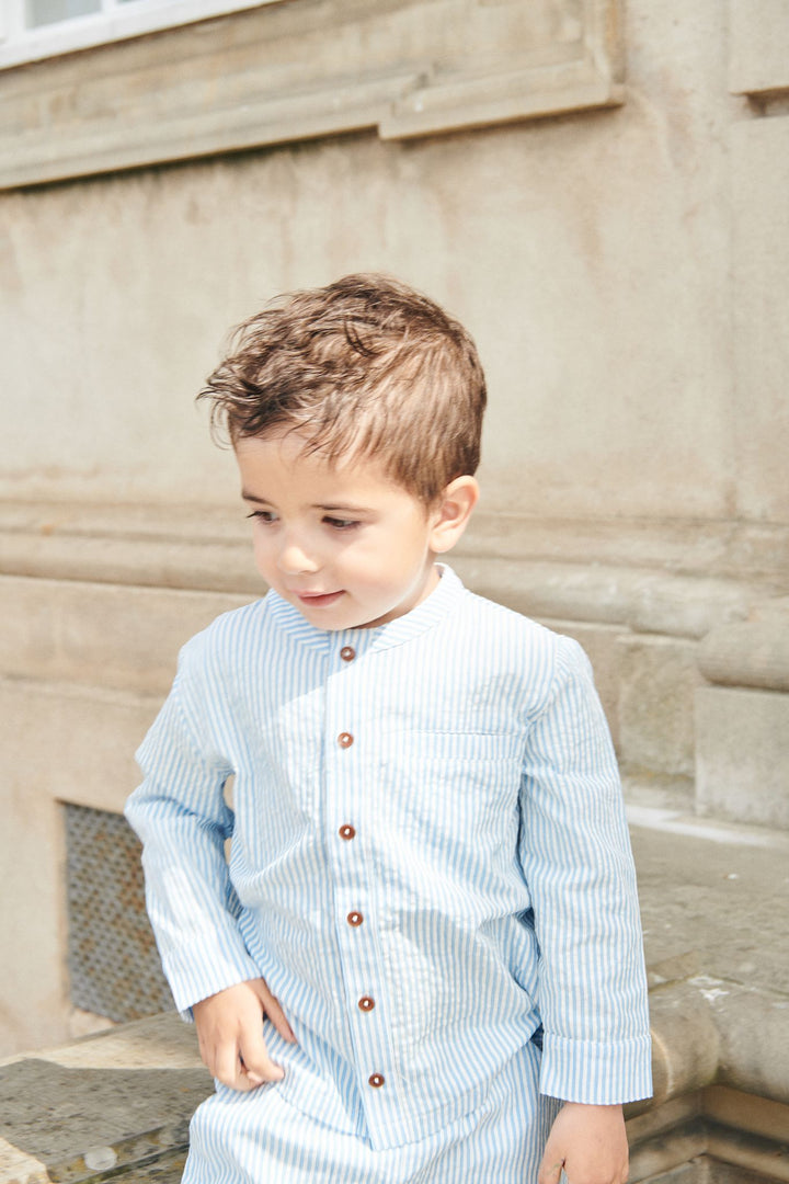 SEERSUCKER SHIRT W. PLACKET - SKY BLUE W CREAM STRIPE