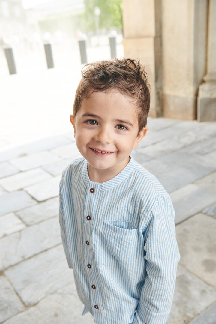 SEERSUCKER SHIRT W. PLACKET - SKY BLUE W CREAM STRIPE