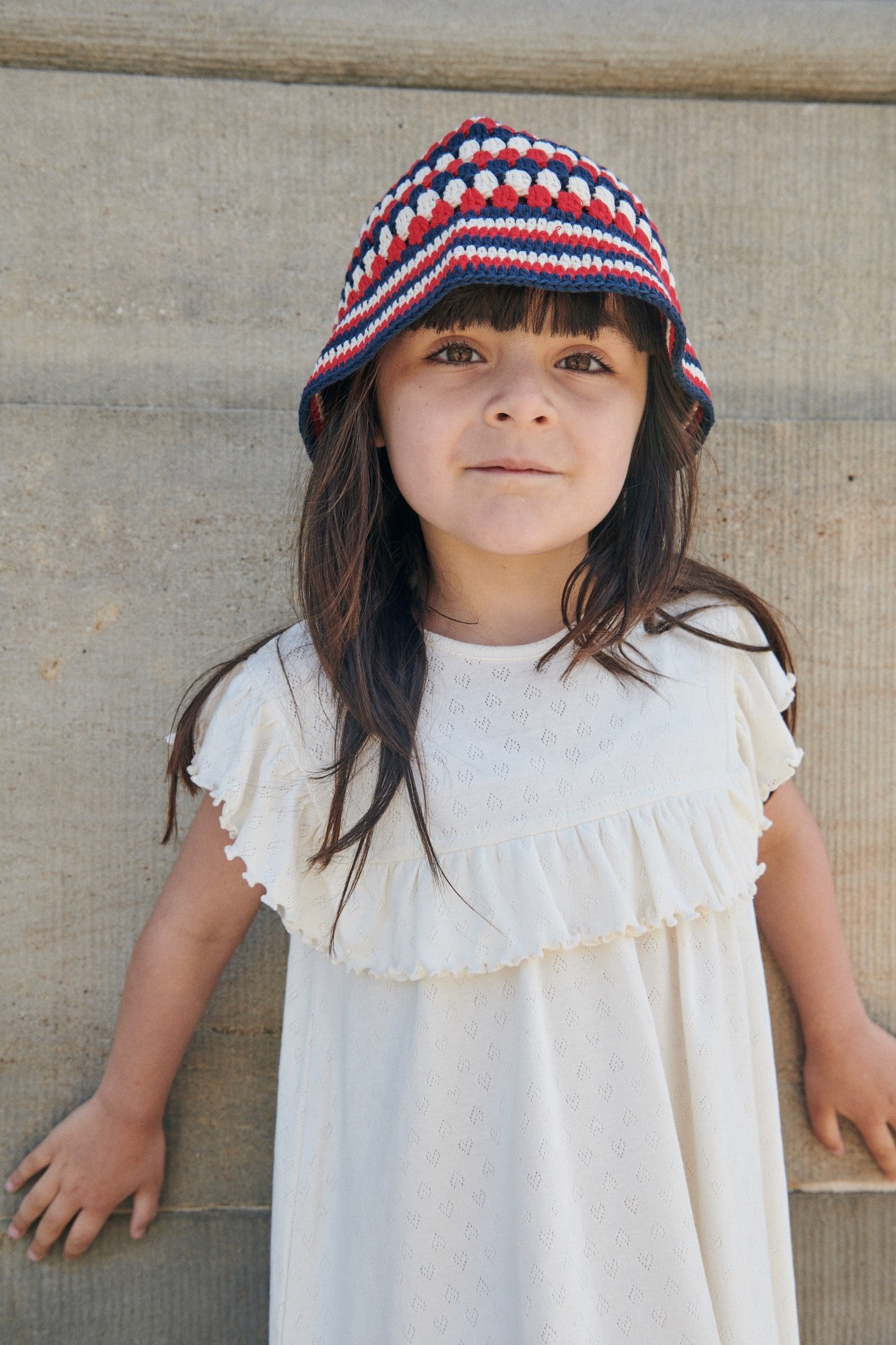 CROCHET HAT - CREAM/NAVY/RED COMB.