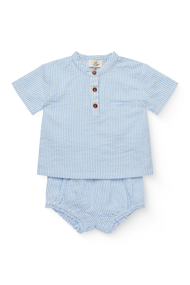 SEERSUCKER BABY SET - SKY BLUE W CREAM STRIPE
