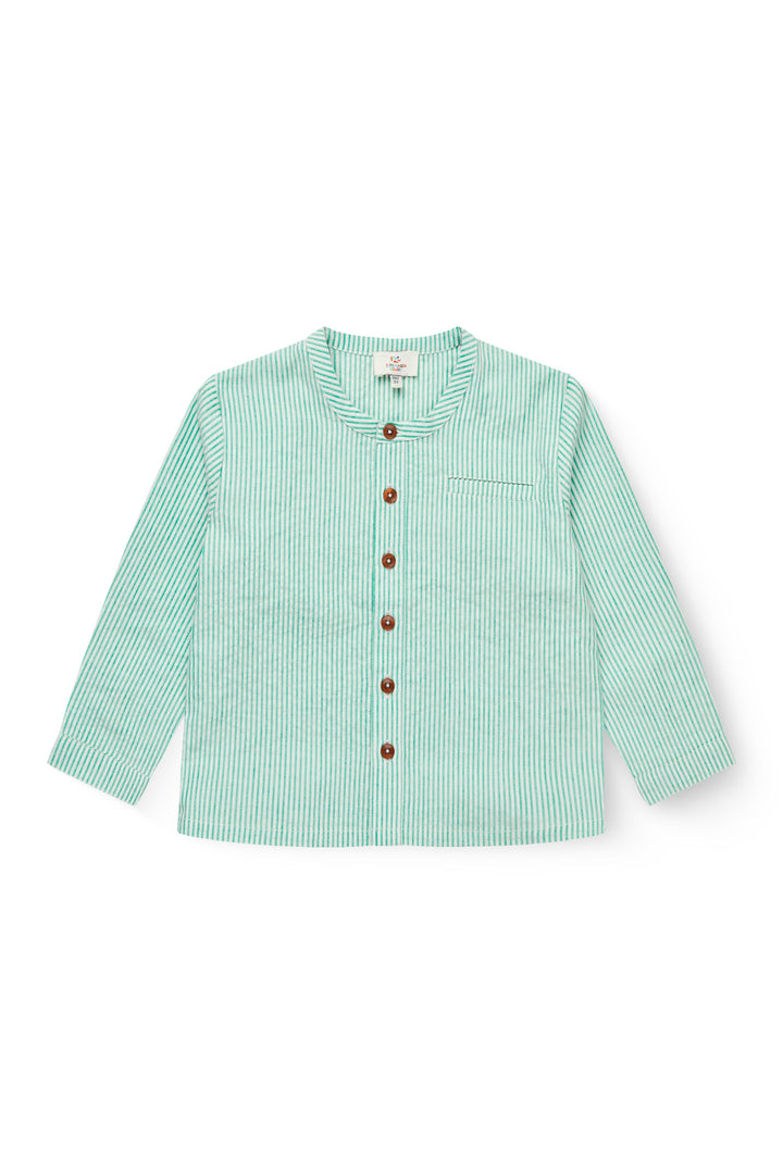 SEERSUCKER SHIRT W. PLACKET - SHARP GREEN W CREAM STRIPE