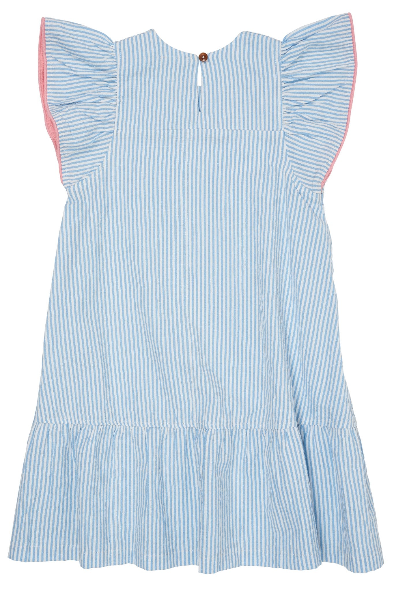 SEERSUCKER DRESS W. FRILL SLEEVES - SKY BLUE W CREAM STRIPE W. PINK