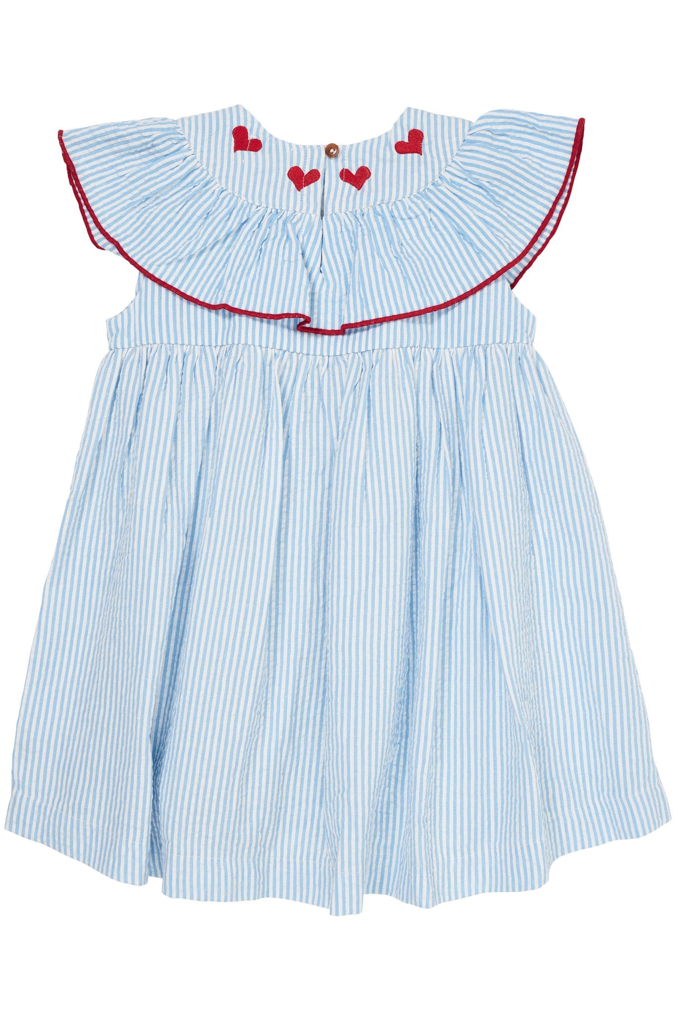 SEERSUCKER DRESS W. HEART - SKY BLUE W CREAM STRIPE W. BERRY