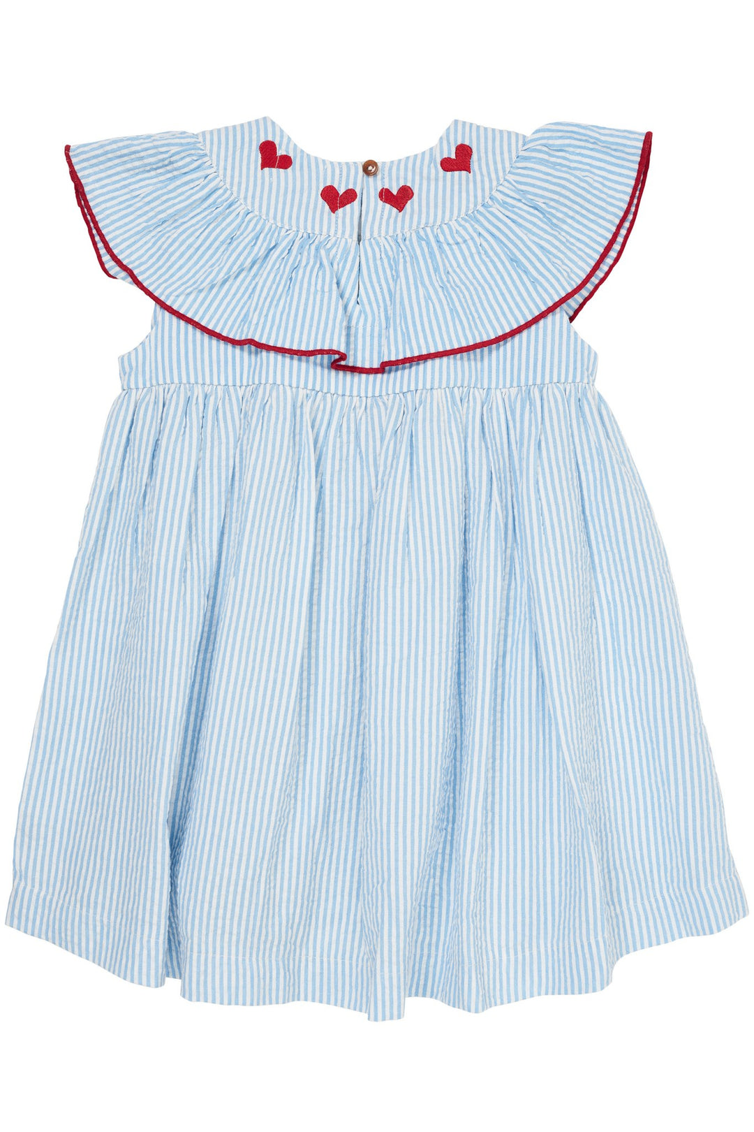 SEERSUCKER DRESS W. HEART - SKY BLUE W CREAM STRIPE W BERRY