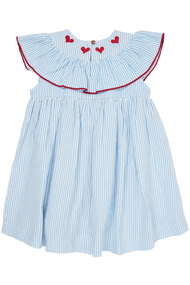 SEERSUCKER DRESS W. HEART - SKY BLUE W CREAM STRIPE W BERRY