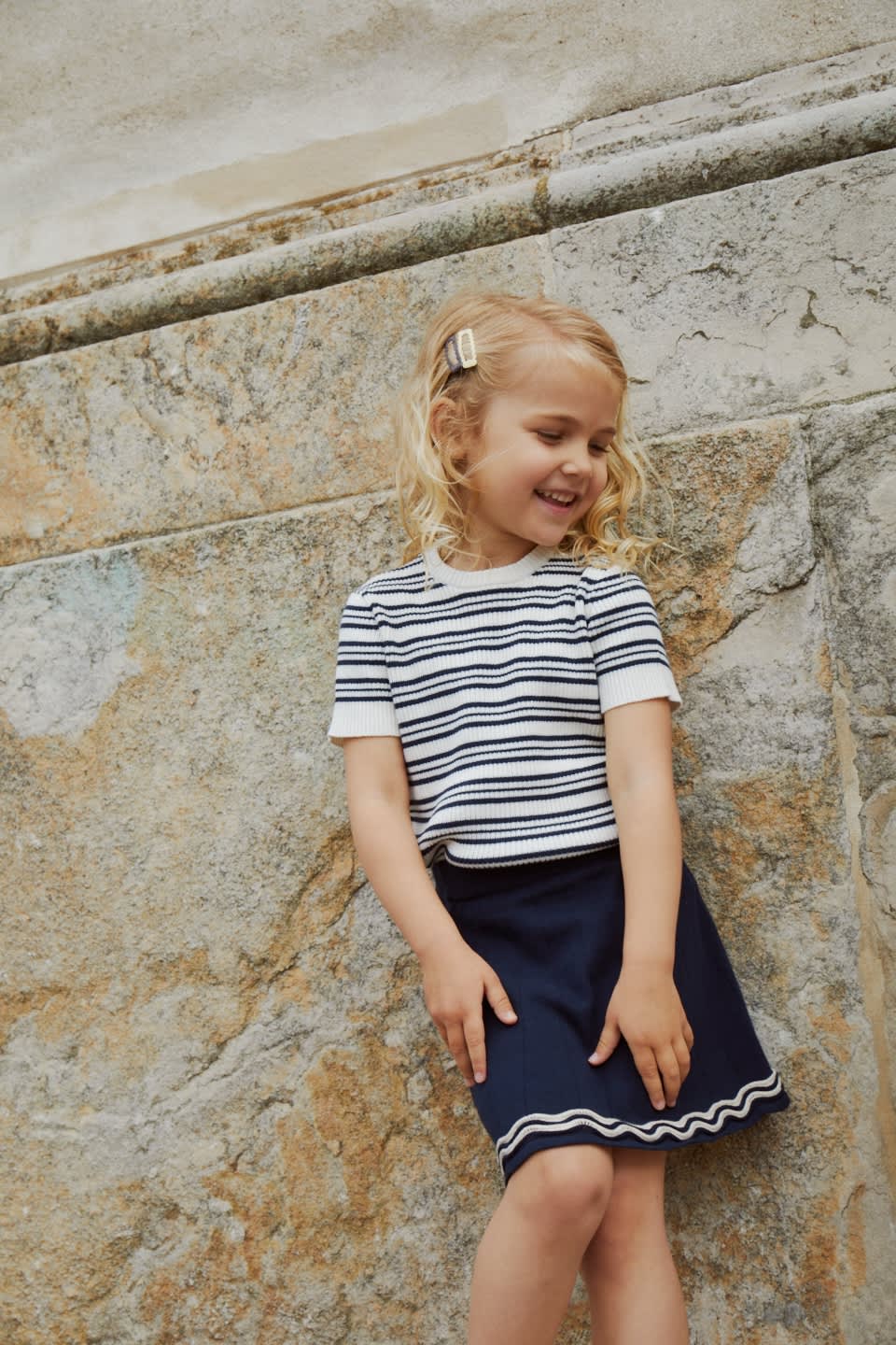 KNITTED RIB BLOUSE W. SS - NAVY STRIPE