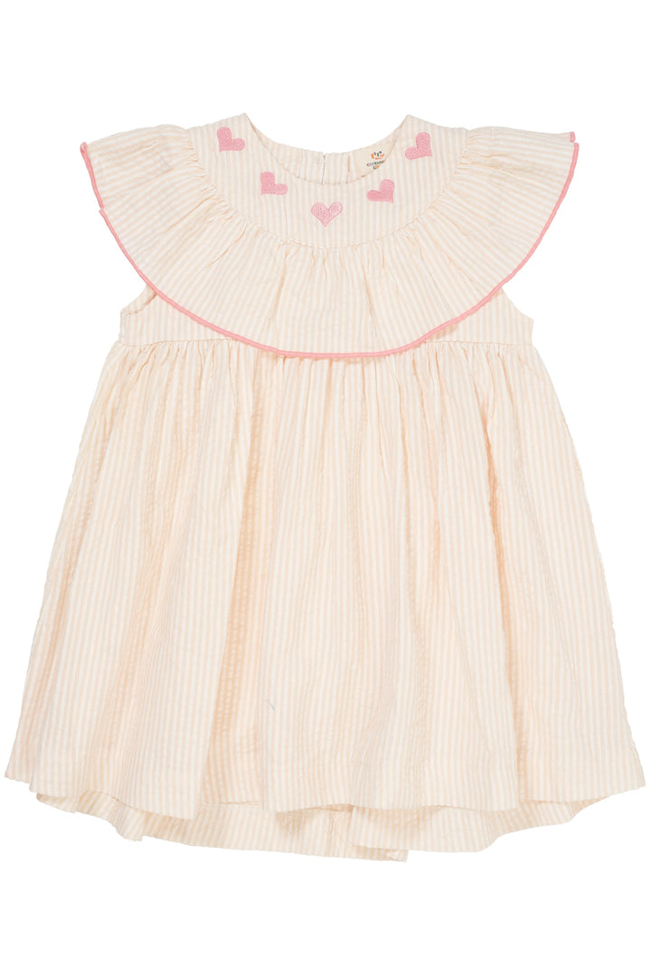 SEERSUCKER DRESS W. HEART - DUSTY ROSE W CREAM STRIPE W PINK