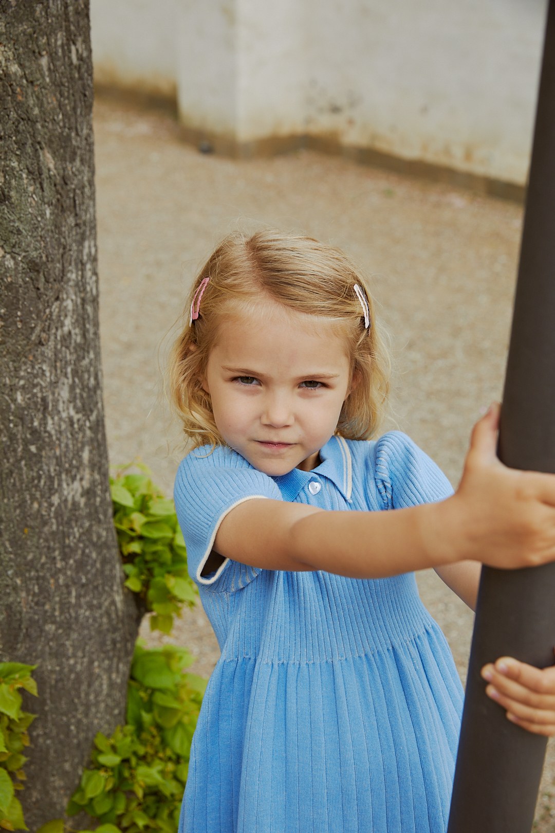 RIB POLO KNITTED DRESS - SKY BLUE/CREAM COMB.