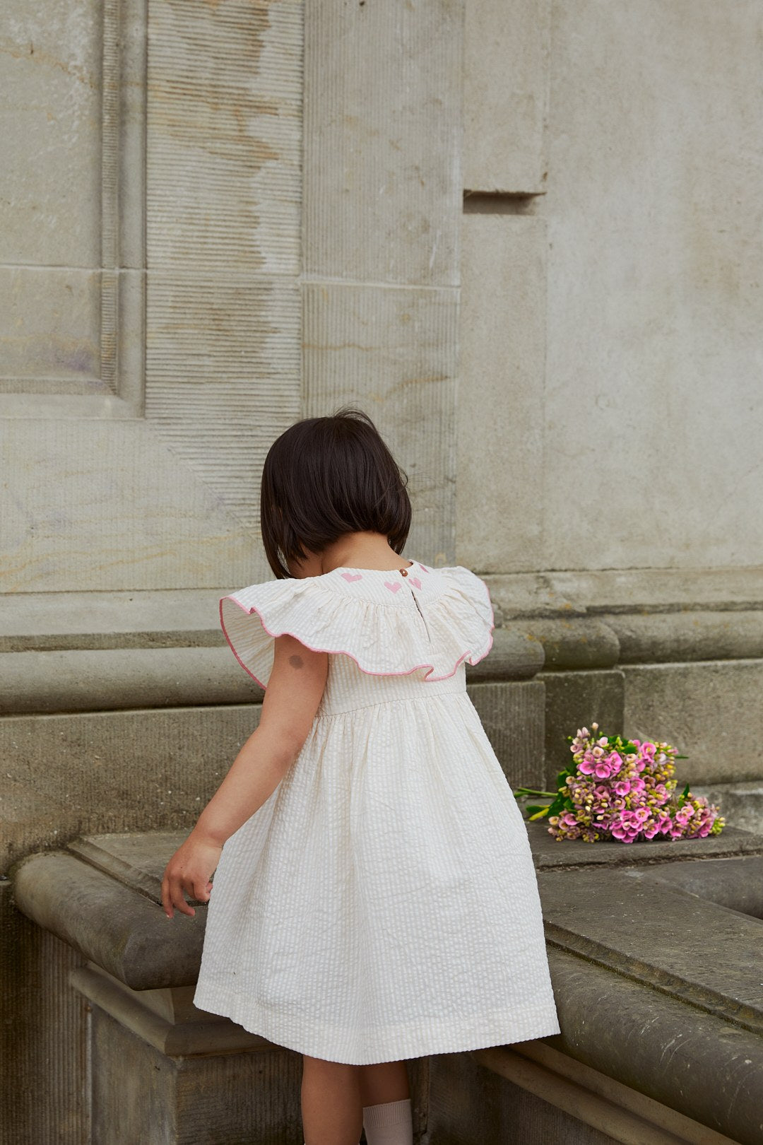 SEERSUCKER DRESS W. HEART - DUSTY ROSE W CREAM STRIPE W PINK