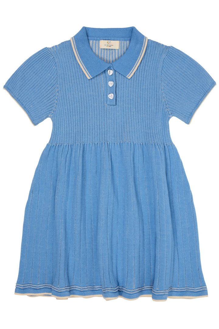 RIB POLO KNITTED DRESS - SKY BLUE/CREAM COMB.