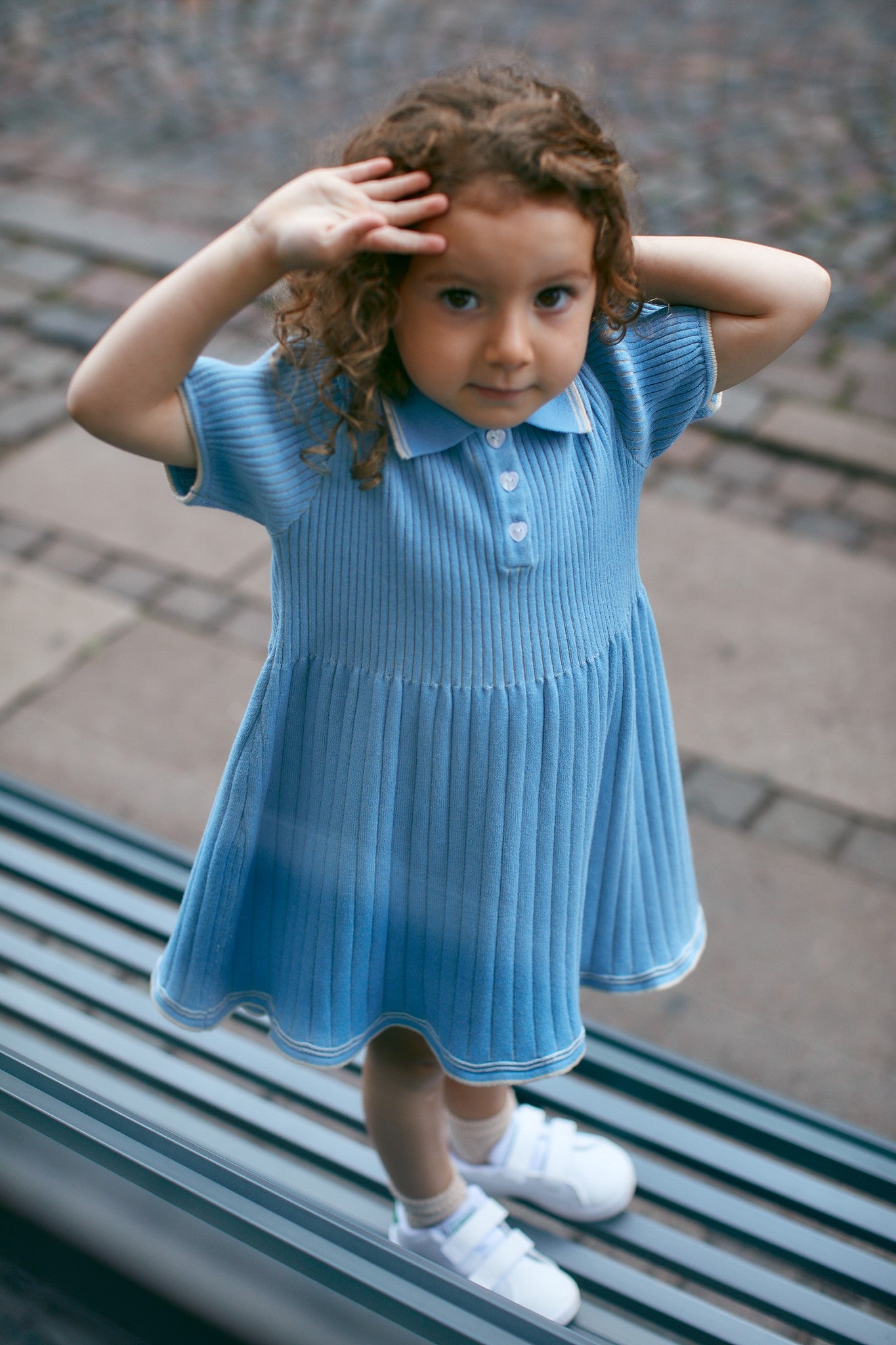 RIB POLO KNITTED DRESS - SKY BLUE/CREAM COMB.