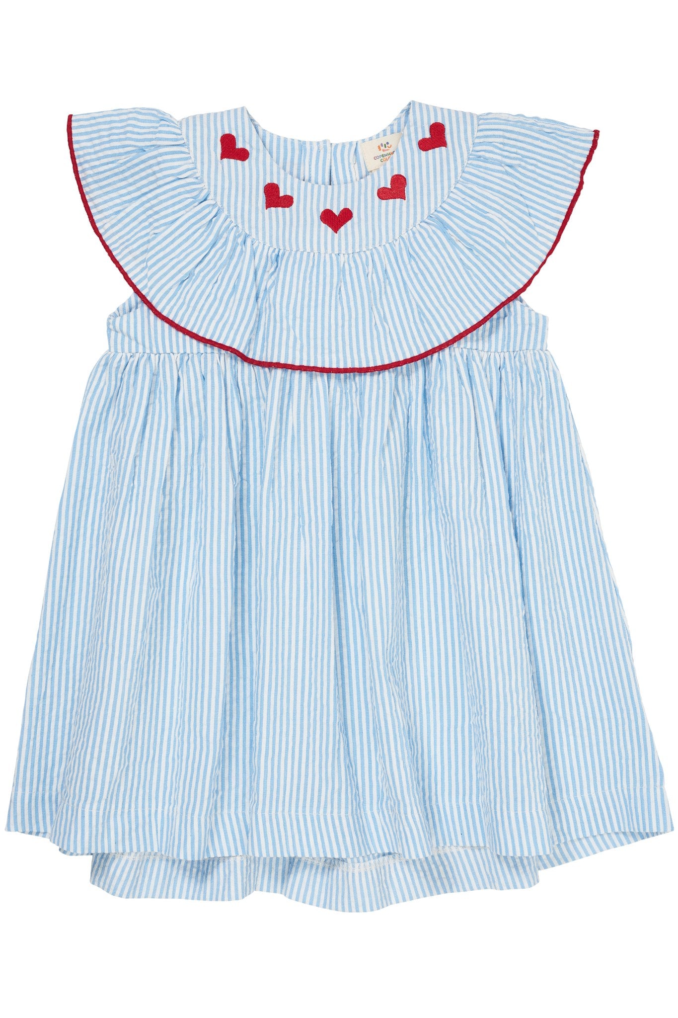 SEERSUCKER DRESS W. HEART - SKY BLUE W CREAM STRIPE W. BERRY