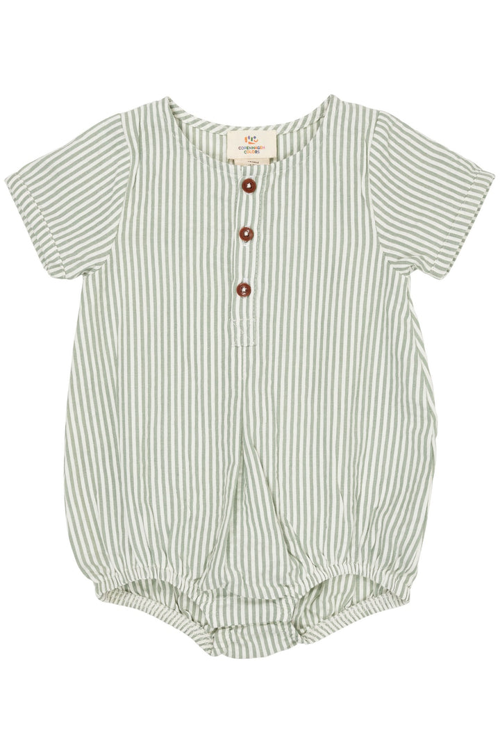 SEERSUCKER ROMPER W. SLEEVES - GREEN W CREAM STRIPE