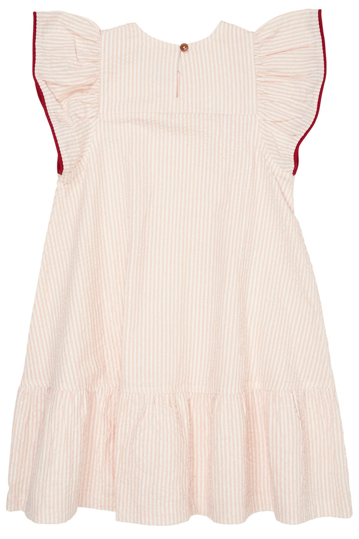 SEERSUCKER DRESS W. FRILL SLEEVES - DUSTY ROSE W CREAM STRIPE W BERRY
