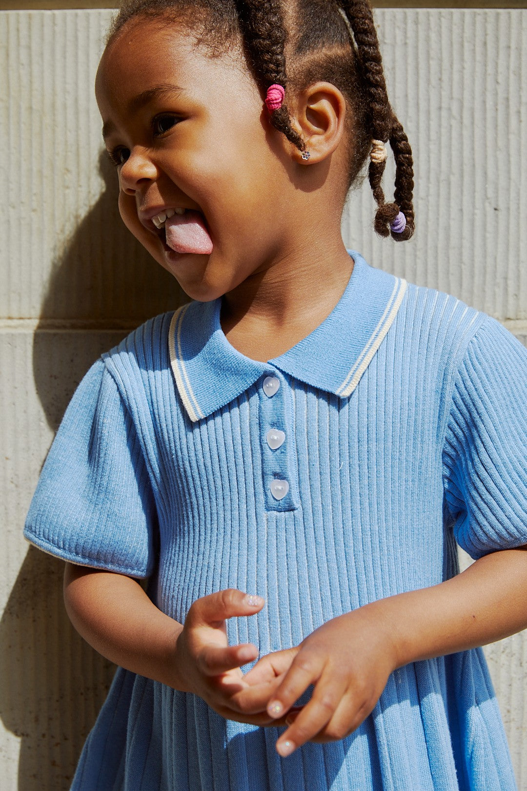 RIB POLO KNITTED DRESS - SKY BLUE/CREAM COMB.