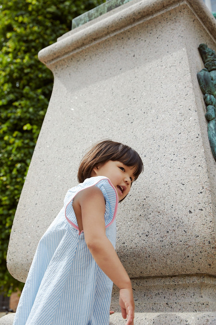 SEERSUCKER DRESS W. FRILL SLEEVES - SKY BLUE W CREAM STRIPE W PINK
