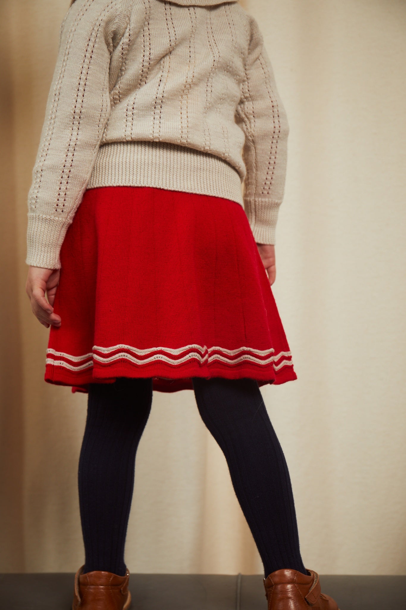 MERINO LT. KNITTED TENNIS SKIRT - RED/PALE CREAM MEL COMBI