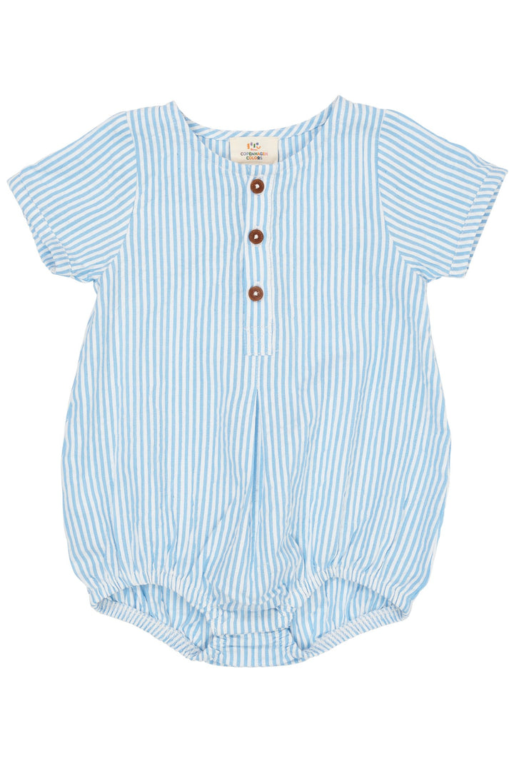 SEERSUCKER ROMPER W. SLEEVES - SKY BLUE W CREAM STRIPE