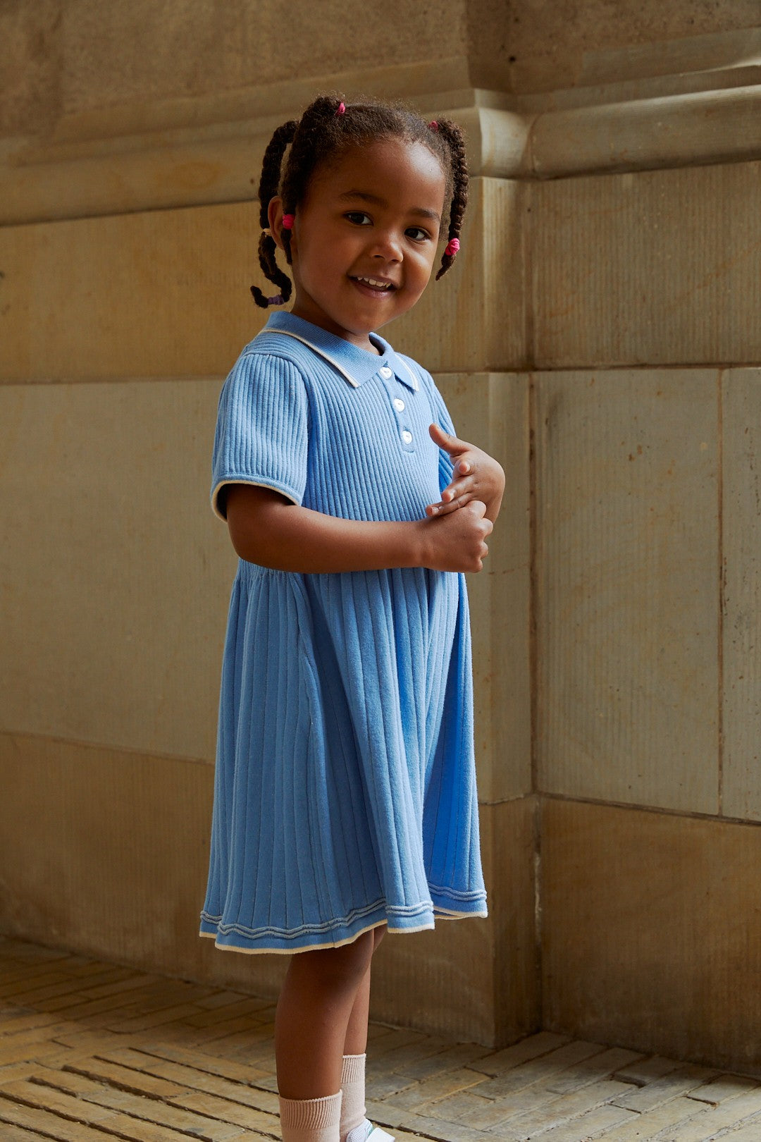 RIB POLO KNITTED DRESS - SKY BLUE/CREAM COMB.