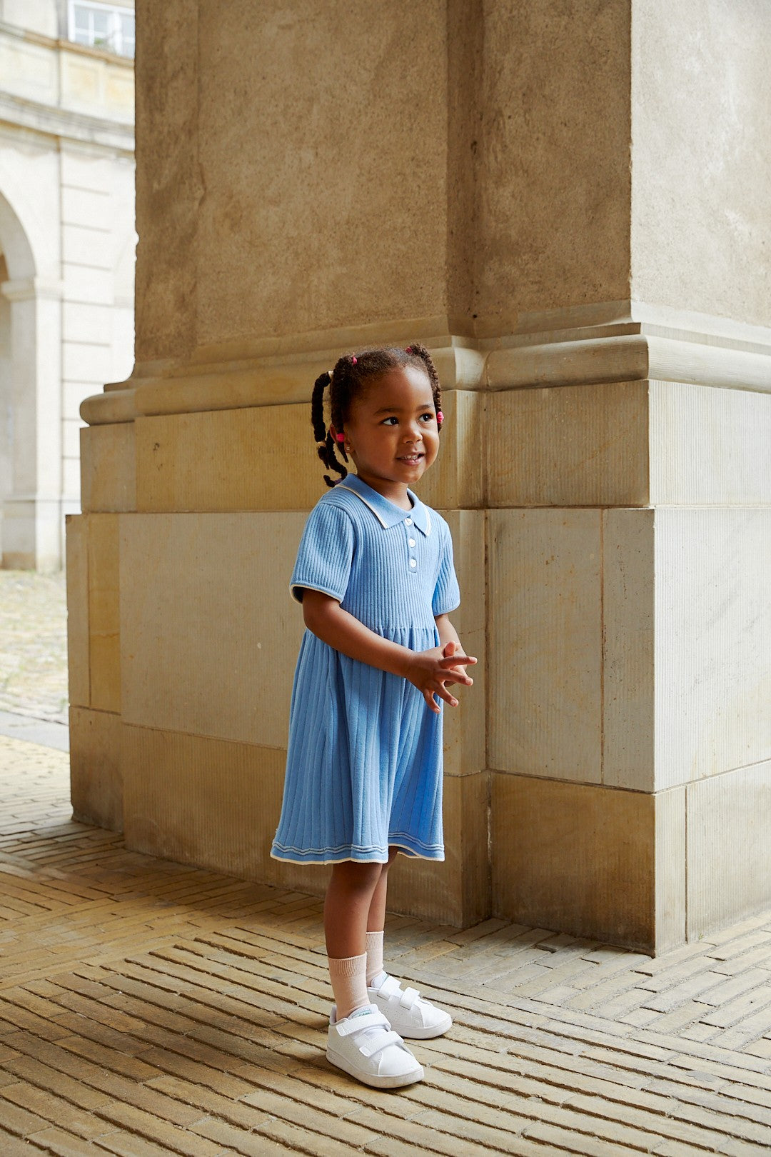 RIB POLO KNITTED DRESS - SKY BLUE/CREAM COMB.