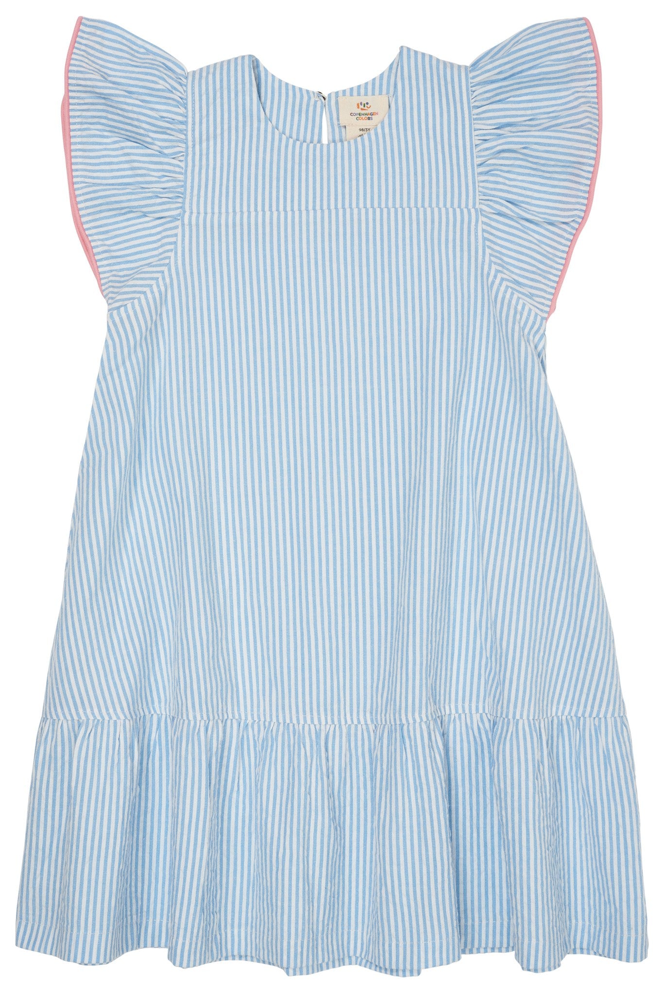 SEERSUCKER DRESS W. FRILL SLEEVES - SKY BLUE W CREAM STRIPE W. PINK