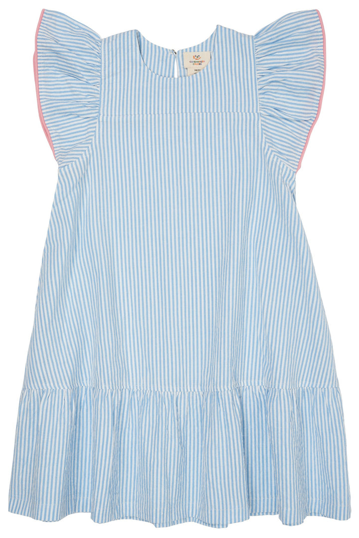 SEERSUCKER DRESS W. FRILL SLEEVES - SKY BLUE W CREAM STRIPE W PINK