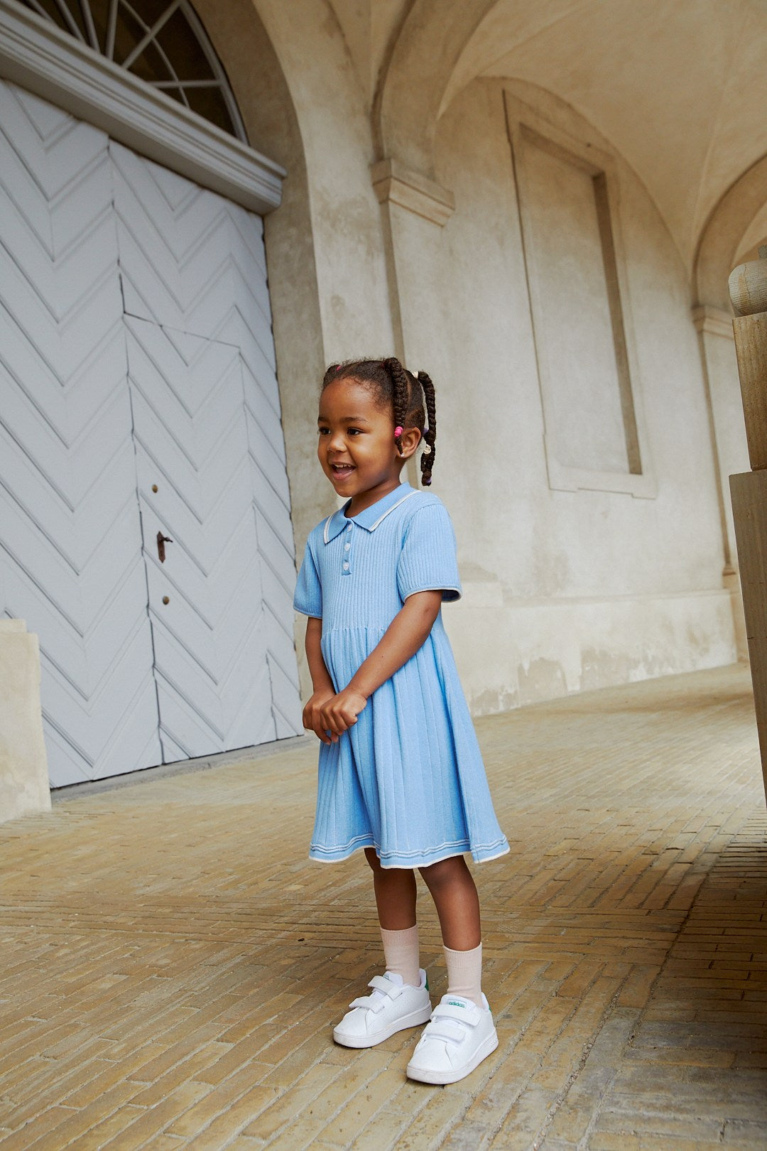 RIB POLO KNITTED DRESS - SKY BLUE/CREAM COMB.