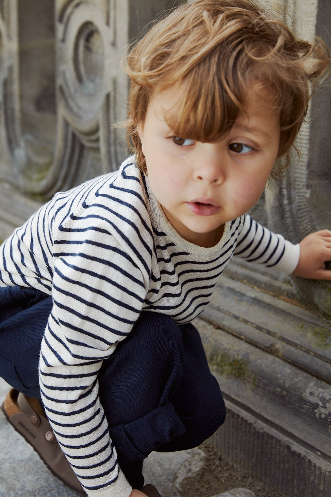 LT. KNITTED T-SHIRT LS - CREAM/NAVY COMB.