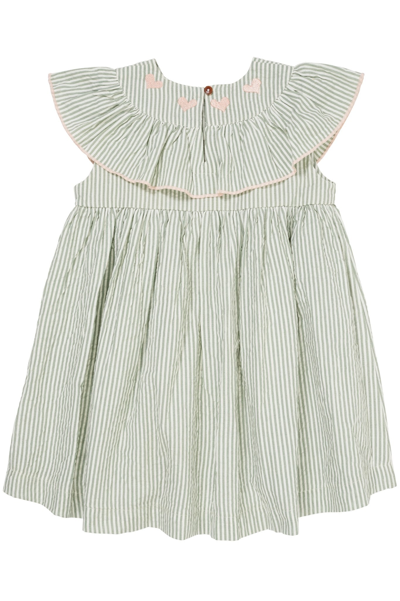 SEERSUCKER DRESS W. HEART - GREEN W CREAM STRIPE W. DUSTY ROSE