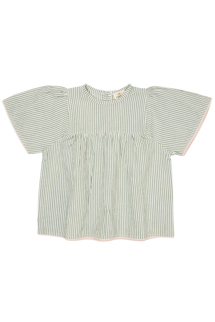 SEERSUCKER BLOUSE W. CONTRAST EDGE - GREEN W CREAM STRIPE W DUSTY ROSE
