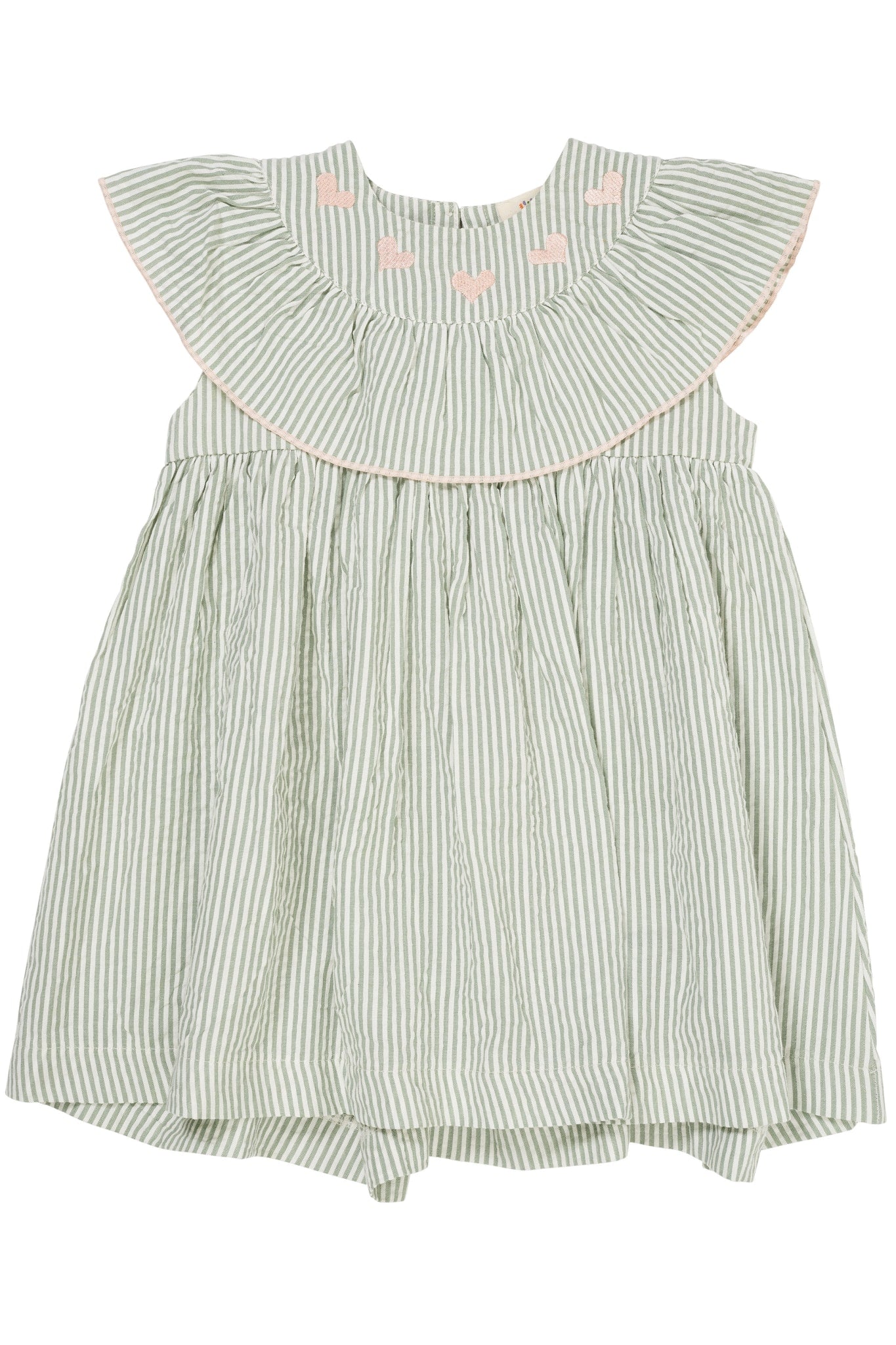 SEERSUCKER DRESS W. HEART - GREEN W CREAM STRIPE W. DUSTY ROSE