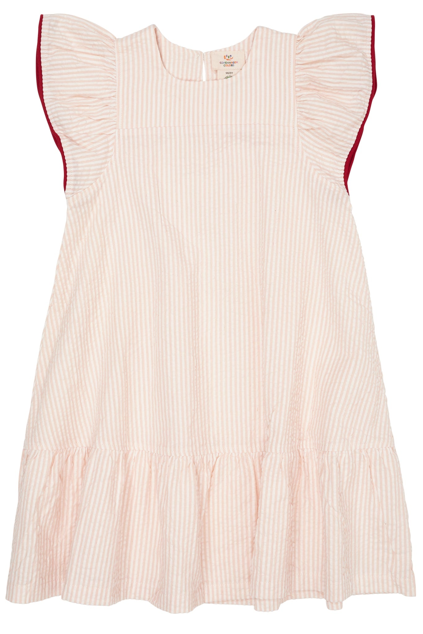 SEERSUCKER DRESS W. FRILL SLEEVES - DUSTY ROSE W CREAM STRIPE W. BERRY