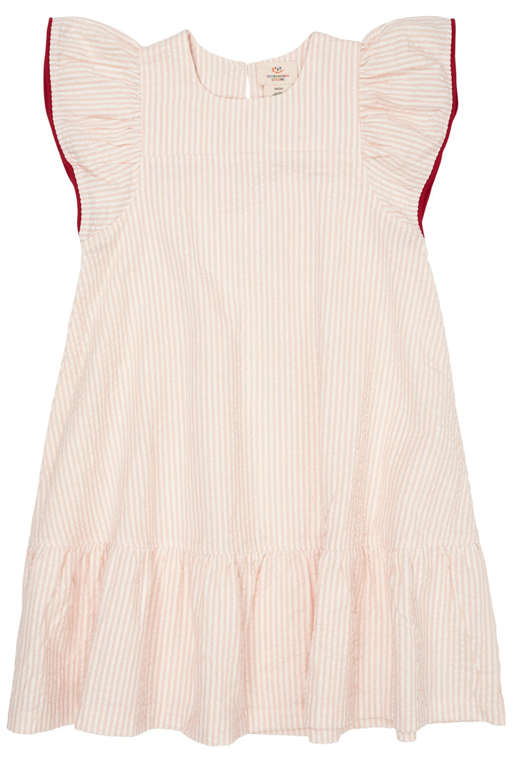 SEERSUCKER DRESS W. FRILL SLEEVES - DUSTY ROSE W CREAM STRIPE W BERRY
