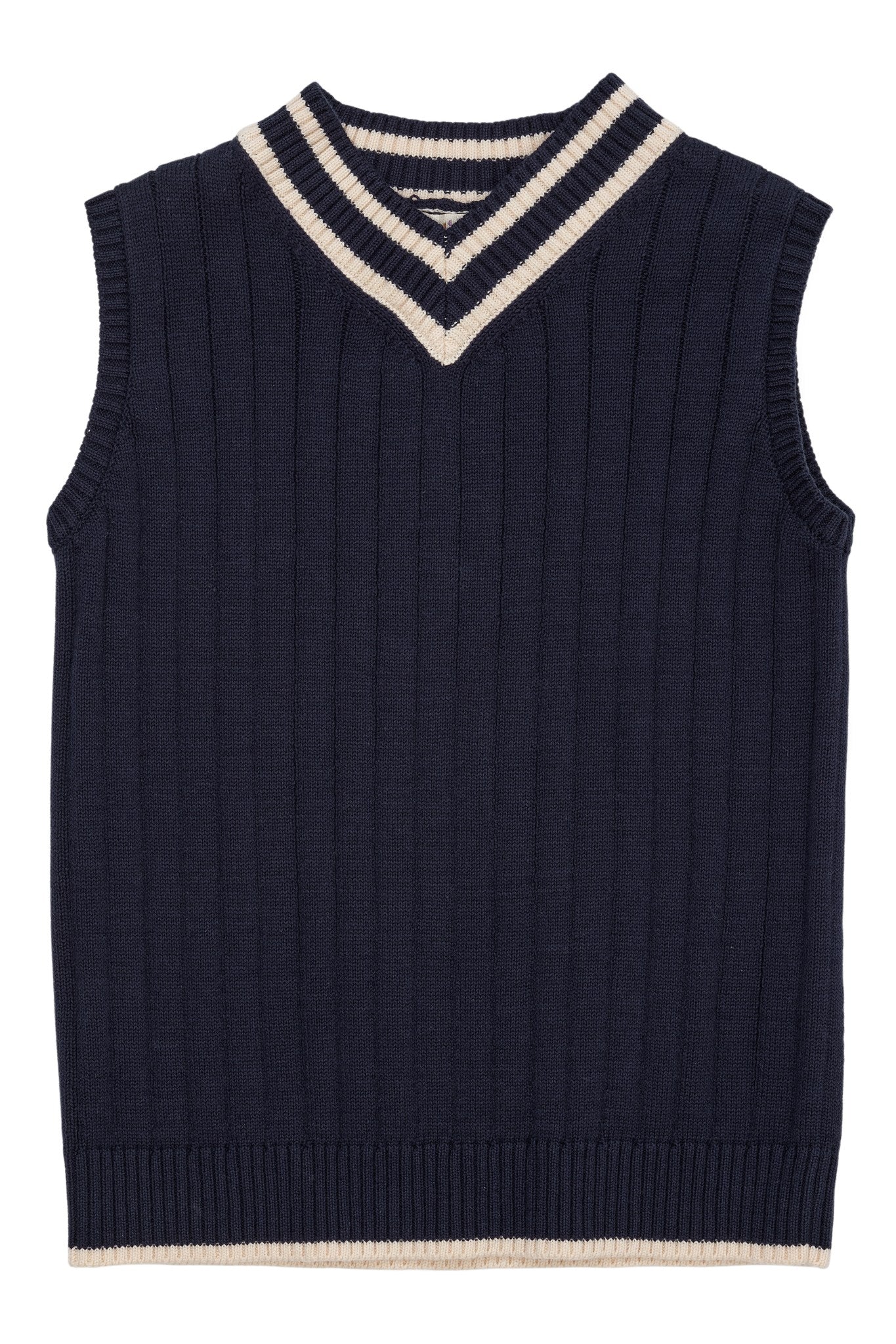 KNITTED VEST W. V NECK AND STRIPE - NAVY/CREAM COMB.