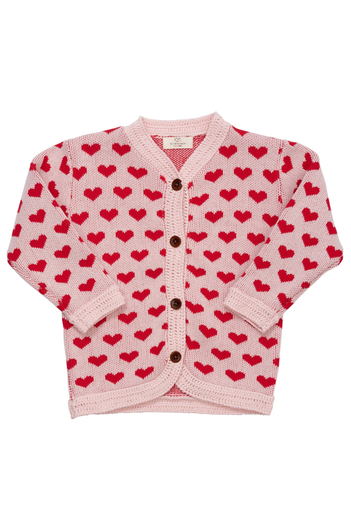 KNITTED CARDIGAN W. HEARTS - DUSTY ROSE/RED COMB.